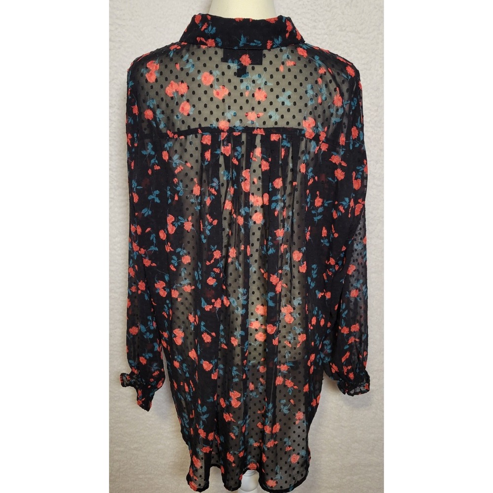 Lane Bryant Floral Blouse Size 18-20 Black Long Sleeve Sheer Button Boho 1180 - Picture 3 of 6